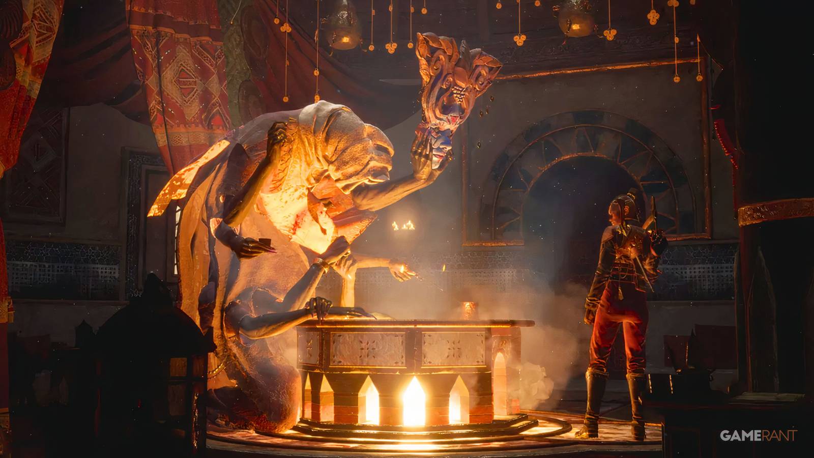 A screenshot of Flintlock Siege of Dawn's protagonist speaking with a many armed creature in front of a brazier