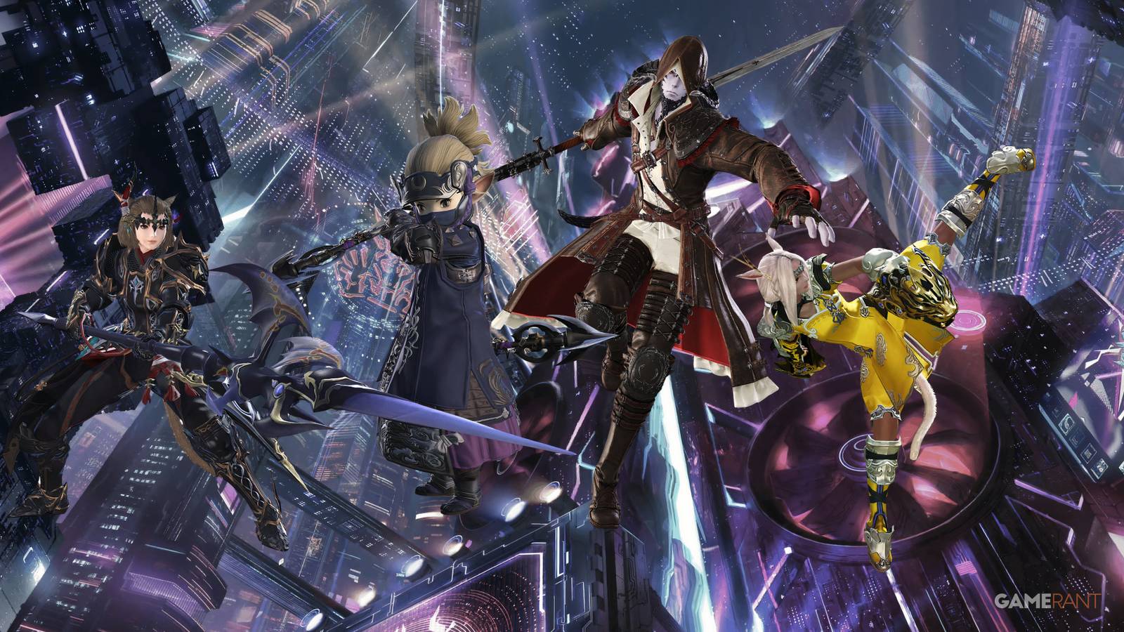 a dragoon, ninja, viper, and monk in front of the Arcadia Raid splash art
