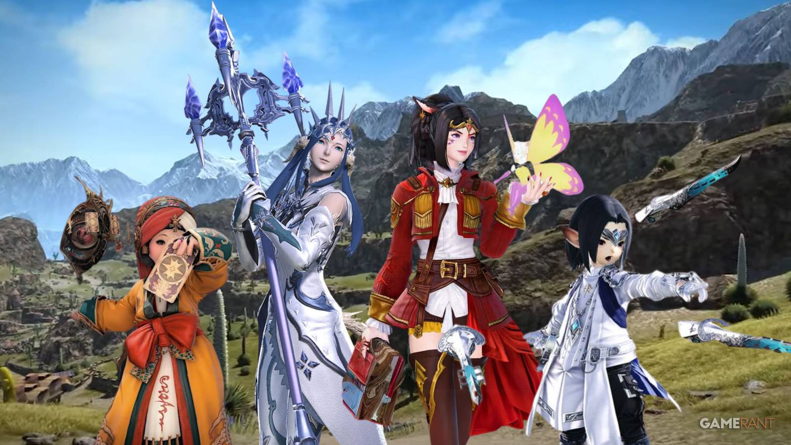 from left to right: Astrologian, White Mage, Scholar, Sage in battle poses