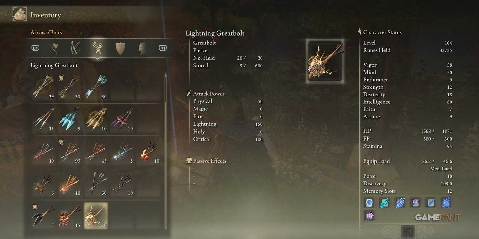 A Lightning Greatbolt in a player’s inventory in Elden Ring