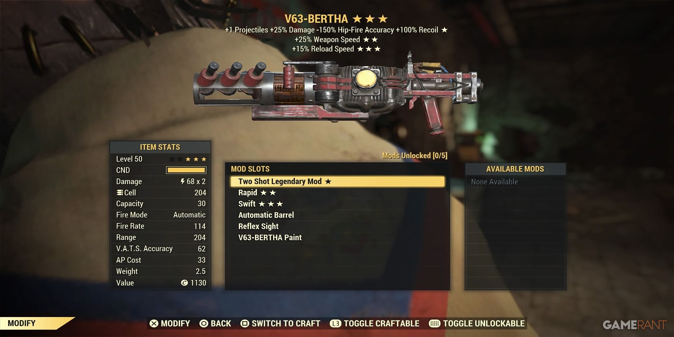 V63-BERTHA Crafting Menu in Fallout 76