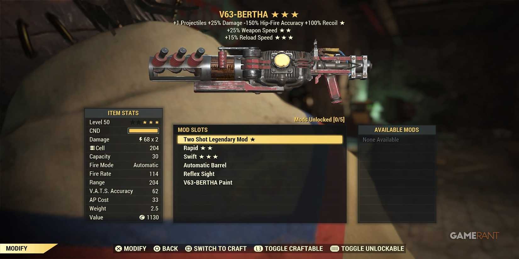 V63-BERTHA Crafting Menu in Fallout 76