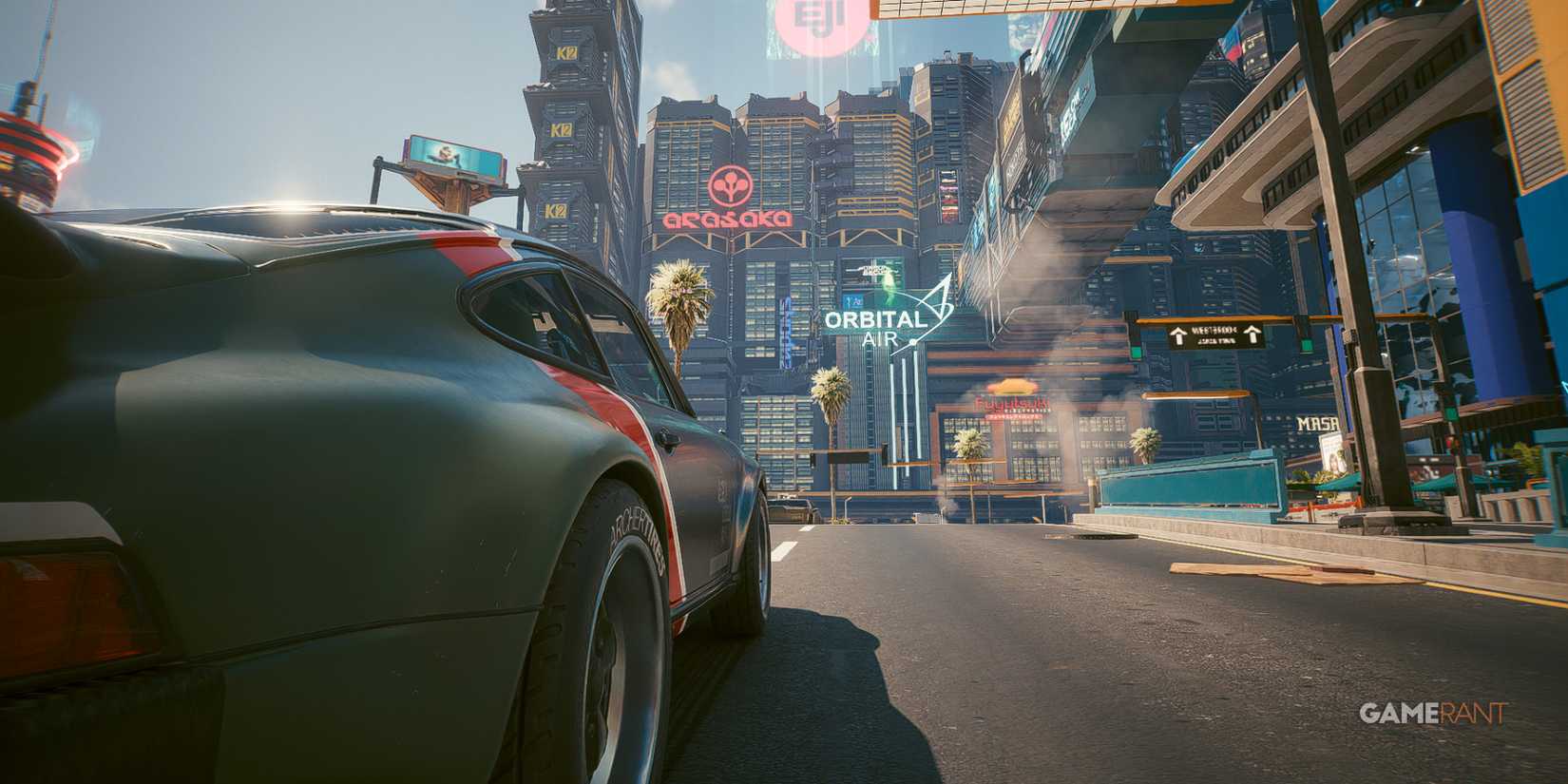 Vintage sports car in daytime Night City, with Arasaka building, in Cyberpunk 2077
