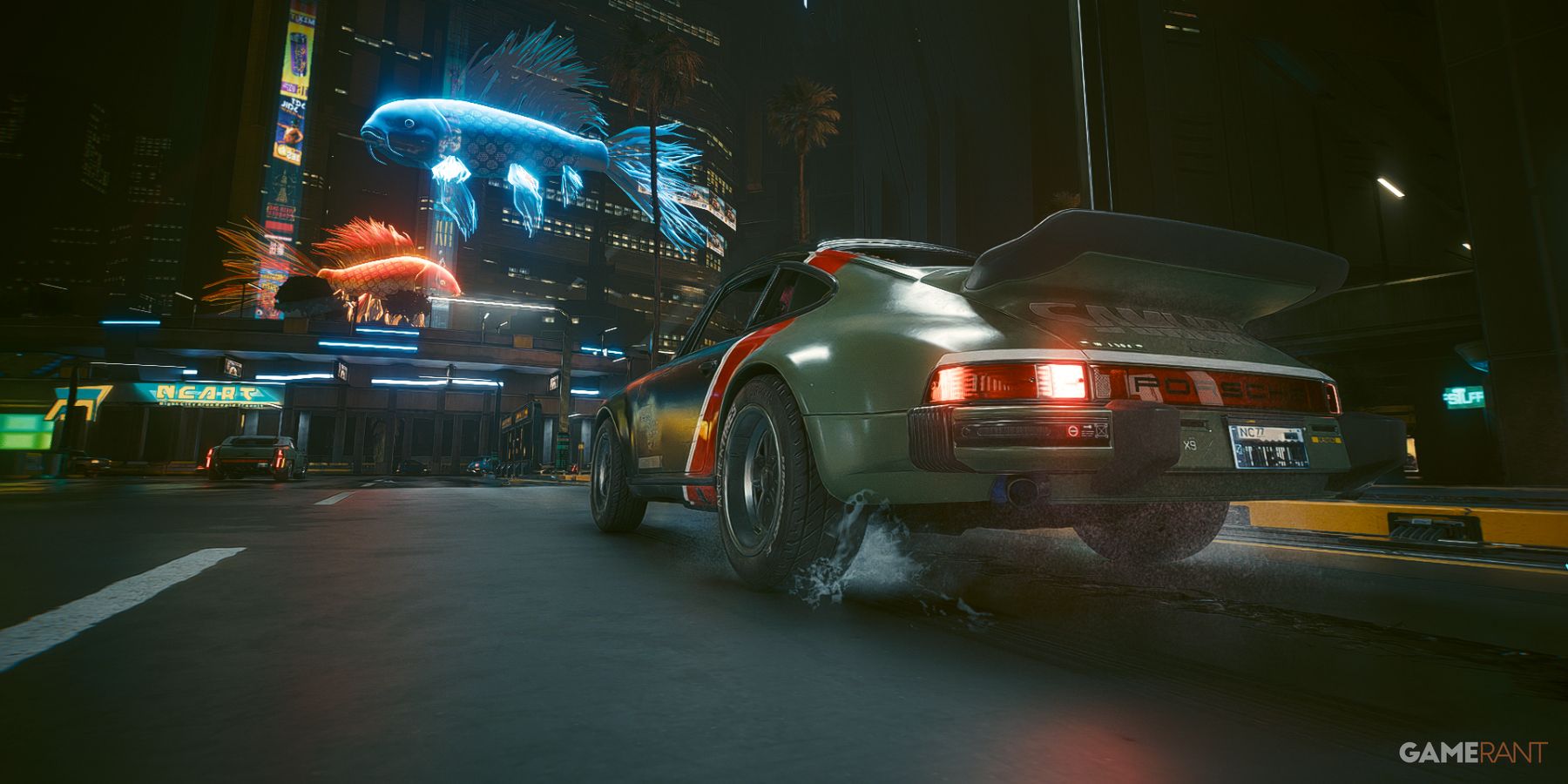 Vintage sports car in neon-lit Night City, with holographic fish displays, in Cyberpunk 2077