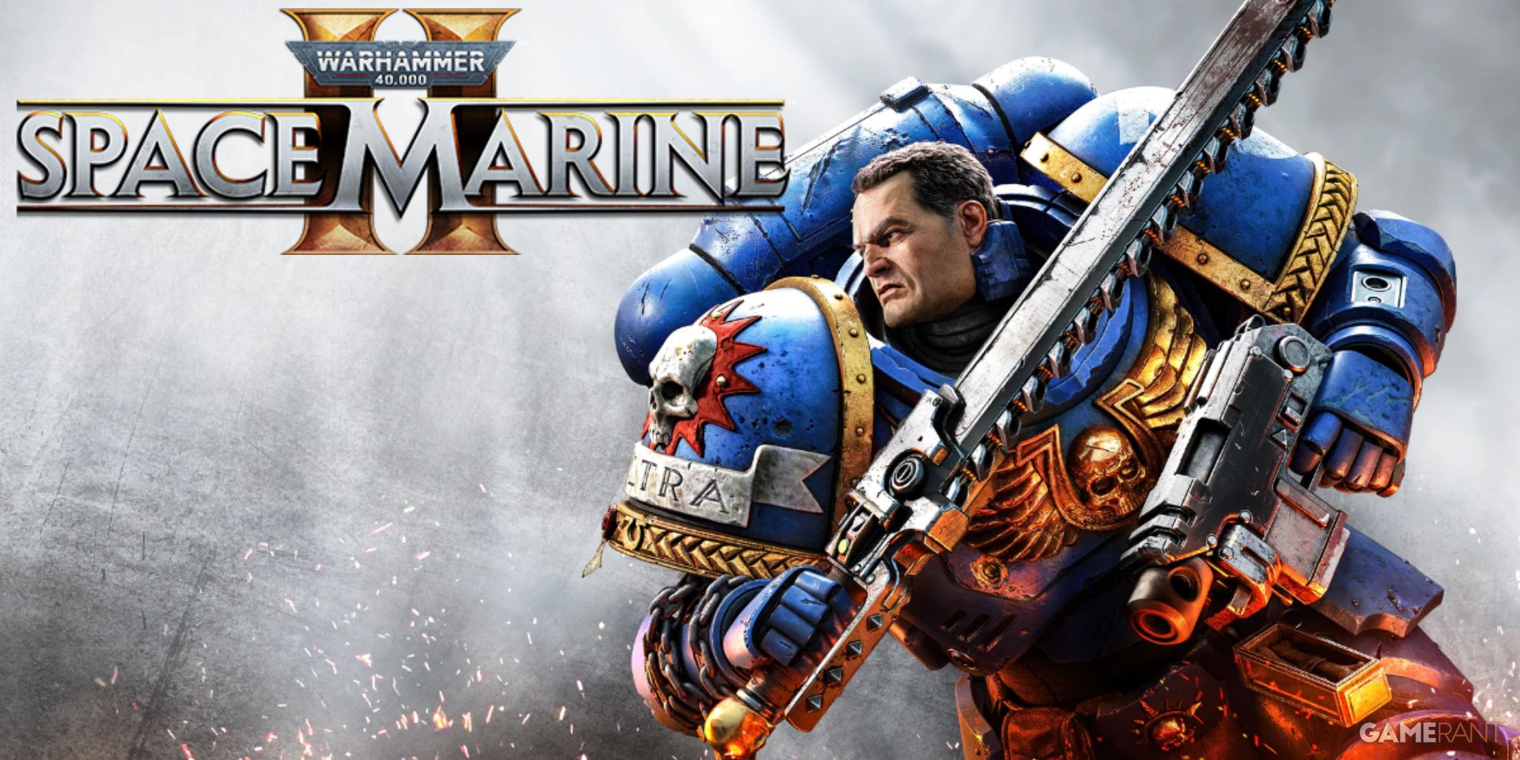 The cover to Warhammer 40,000: Space Marine 2, showing Titus in his armor holding a bolter and chainsword