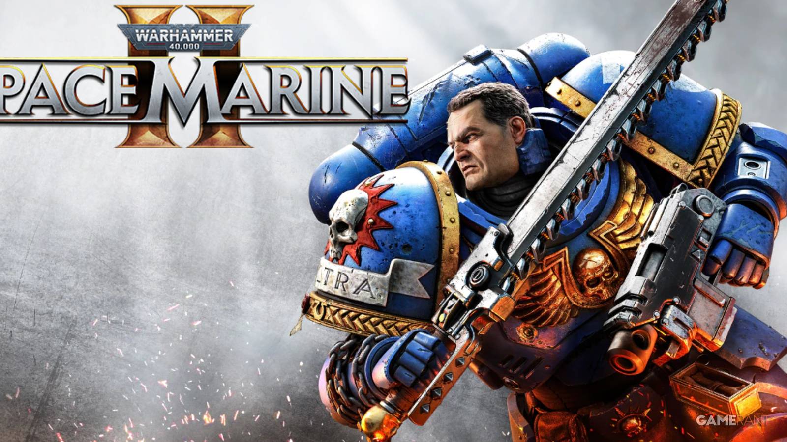 The cover to Warhammer 40,000: Space Marine 2, showing Titus in his armor holding a bolter and chainsword