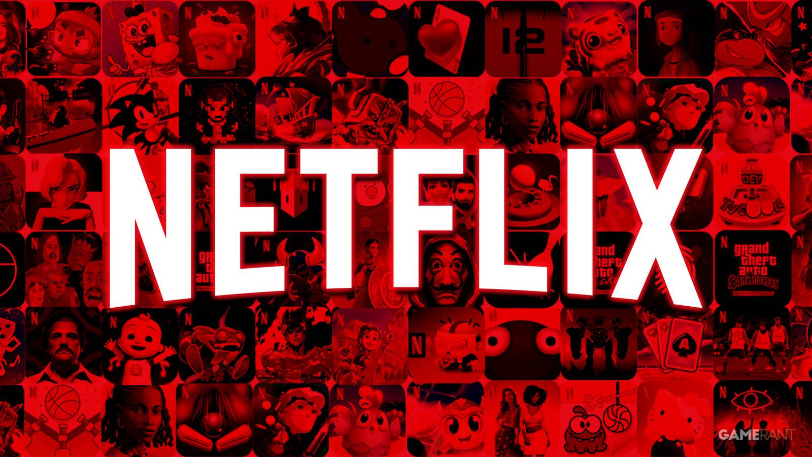 white Netflix logo over red-tinted Netflix mobile game app icons collage