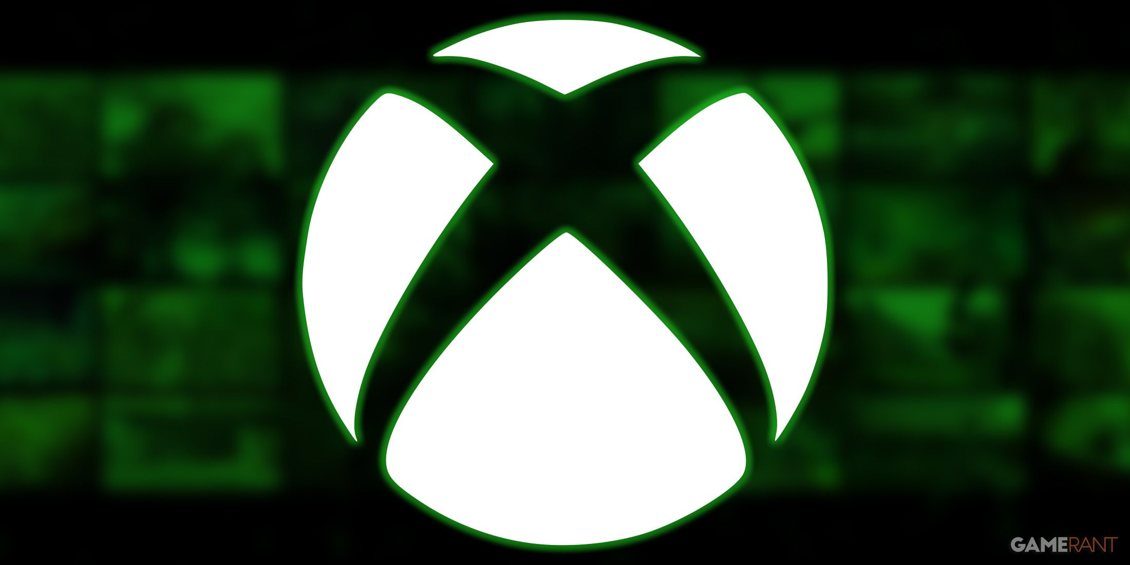 White Xbox logo submark with green outer glow on blurred Xbox Game Studios library contents promo key art