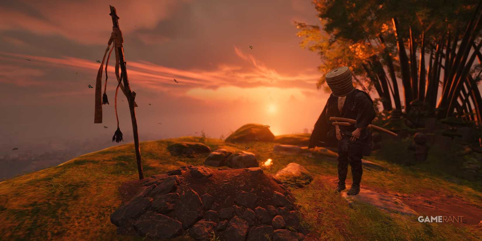 Jin bowing to Yuriko's grave during a sunset