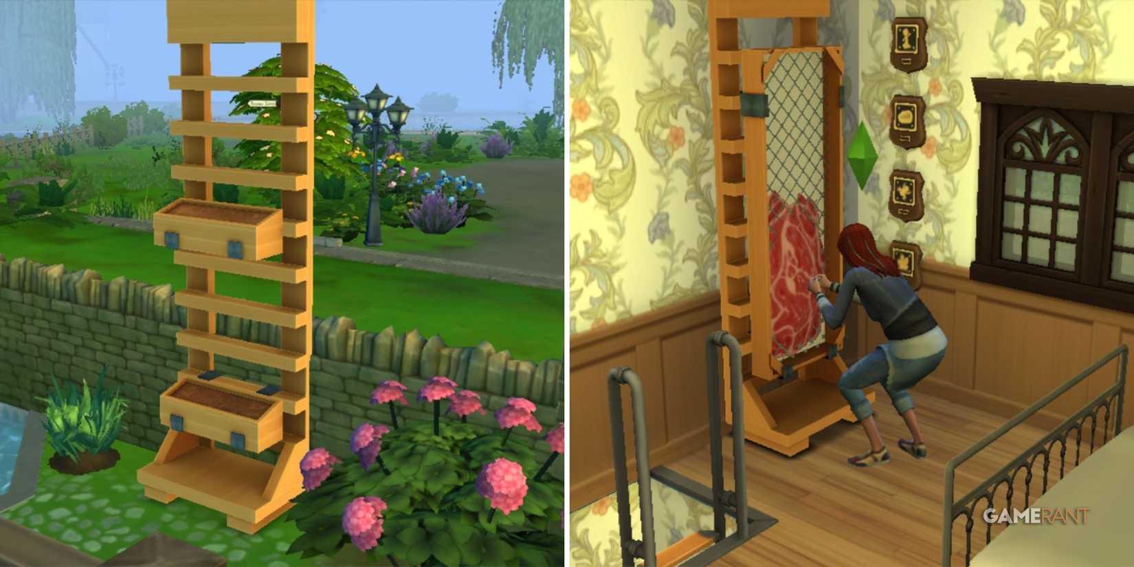 split image, in the first the a-ok bloomer planter from sims 4 eco lifestyle expansion pack, in the next a Sim using the planter to grow faux meat