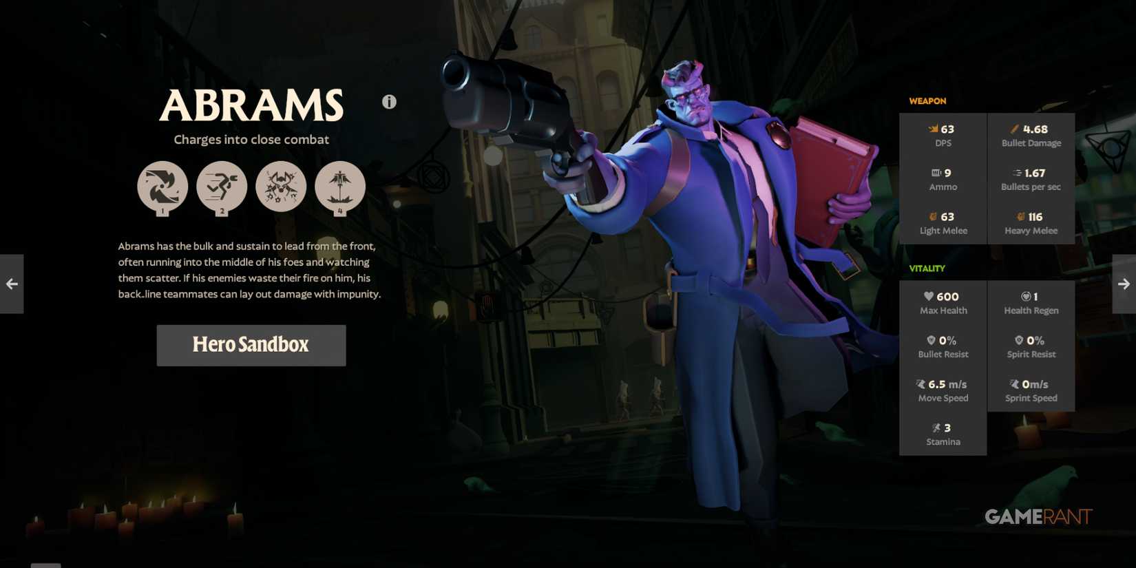 Abrams, one of Deadlock's best heroes, leads the team with his revolver in close combat