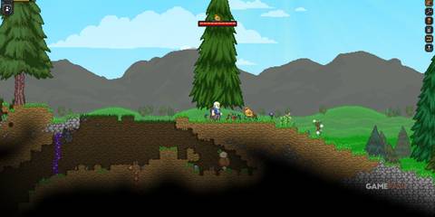 An Apex character encounters alien creatures in a grassy landscape with tall trees in Starbound