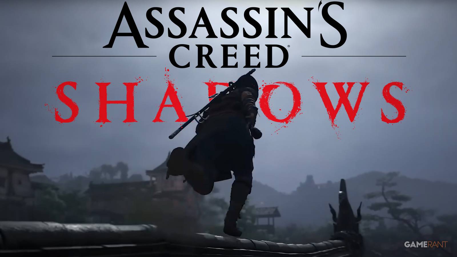 Assassin's Creed Shadows Naoe running on rooftop at nighttime behind game logo
