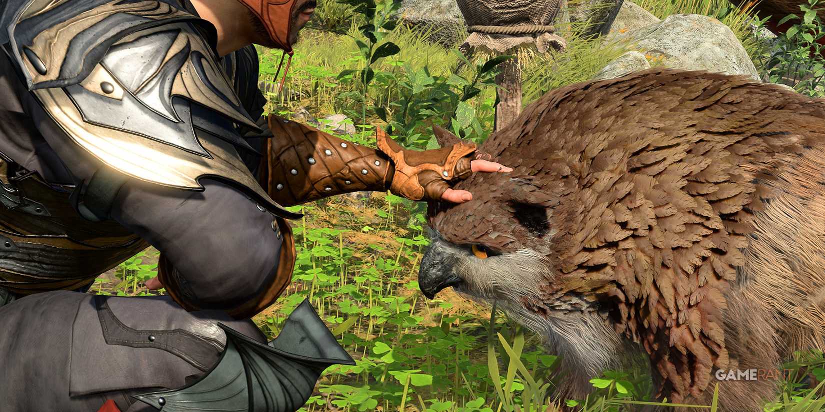 Baldur's Gate 3 petting cute owlbear cub