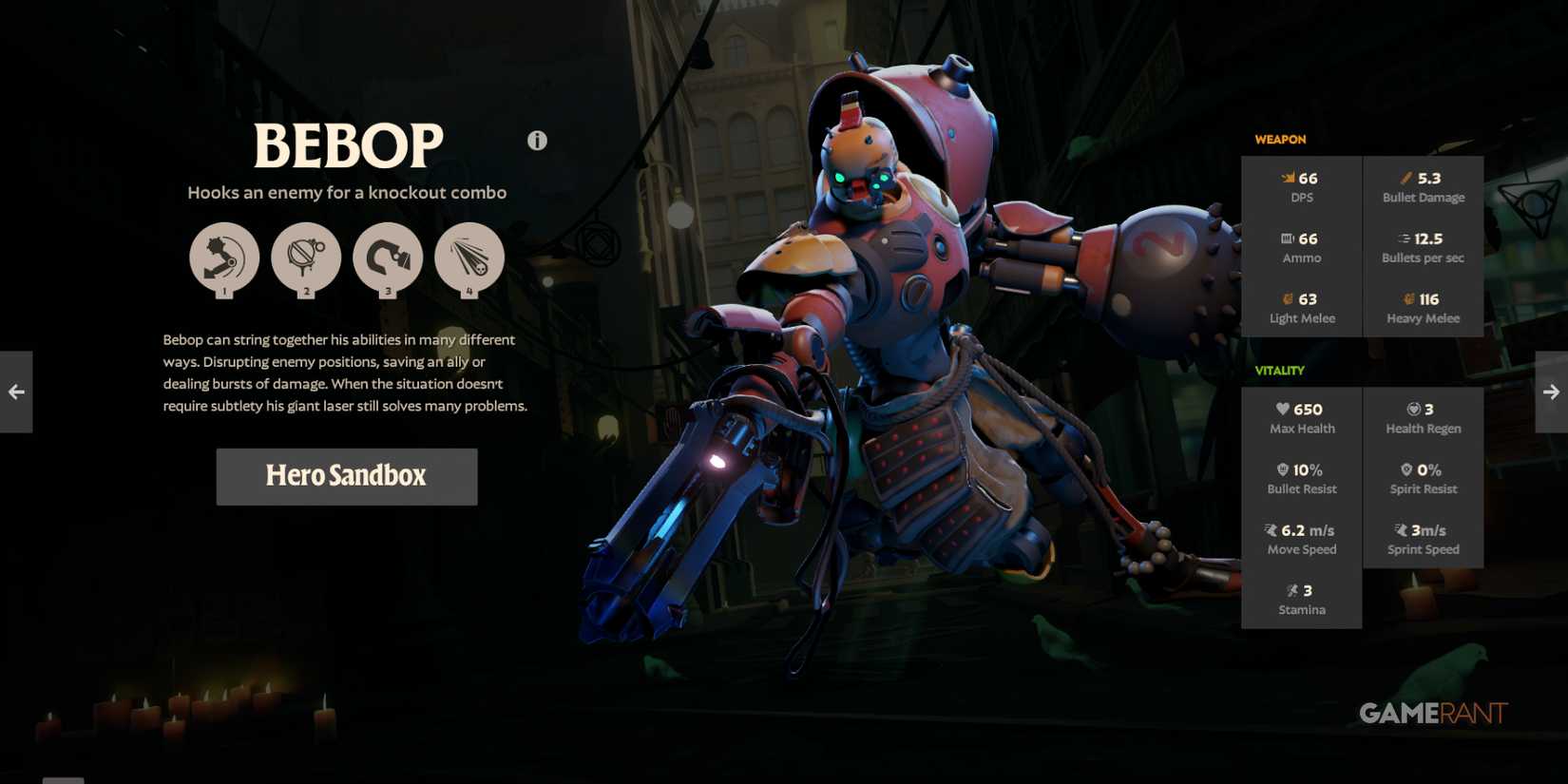 Bebop, one of Deadlock's best heroes, controls crowds with his giant laser and hooks