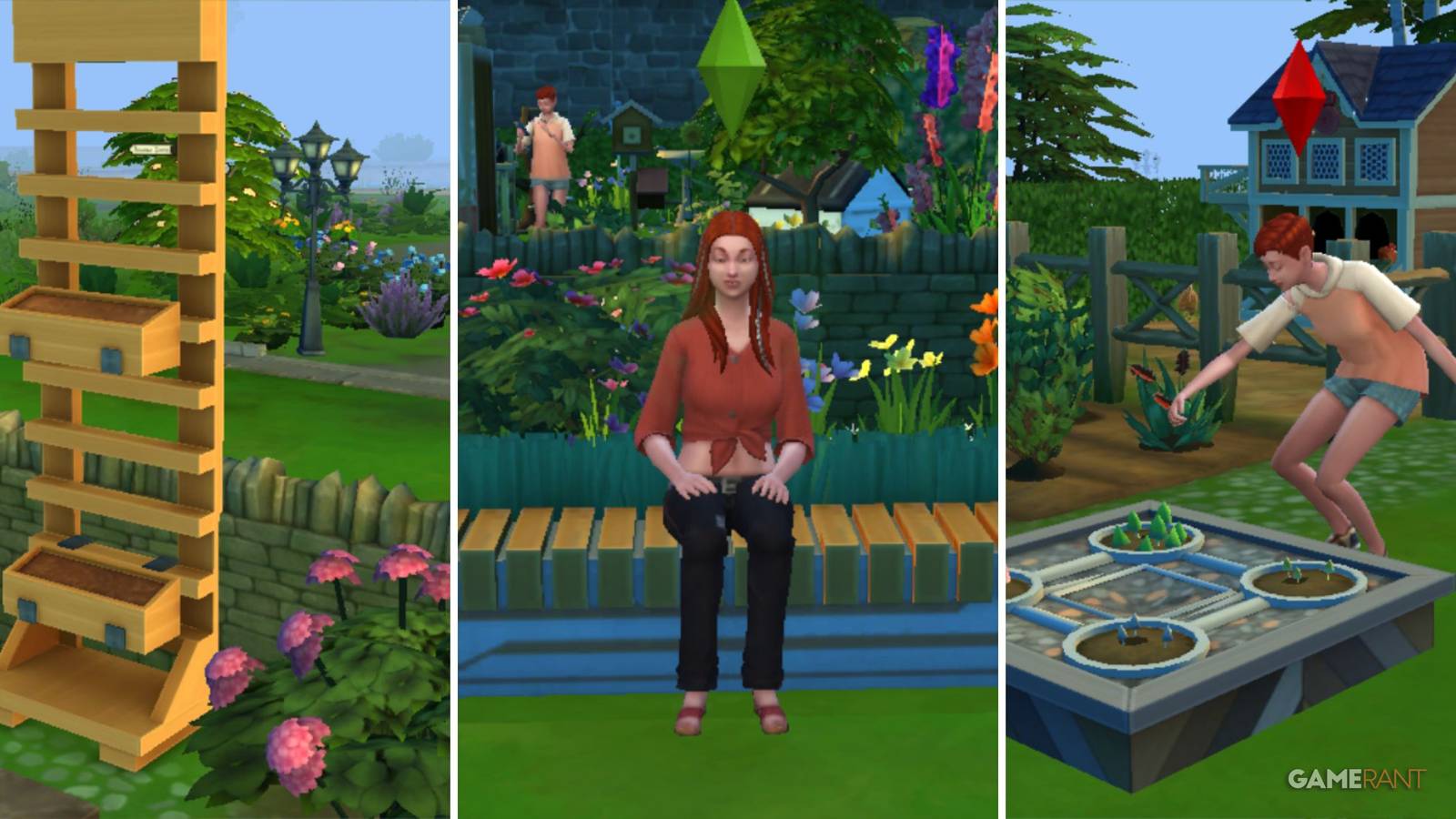 the a-okay bloomer vertical garden next to pink flowers, a sim sitting on the seat of cultivation, and mushrooms in the hydroponic planter, all items in sims 4 eco lifestyle expansion