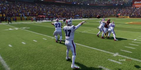 Bills QB Allen preparing to launch a deep pass against Washington's defense in Madden NFL 25