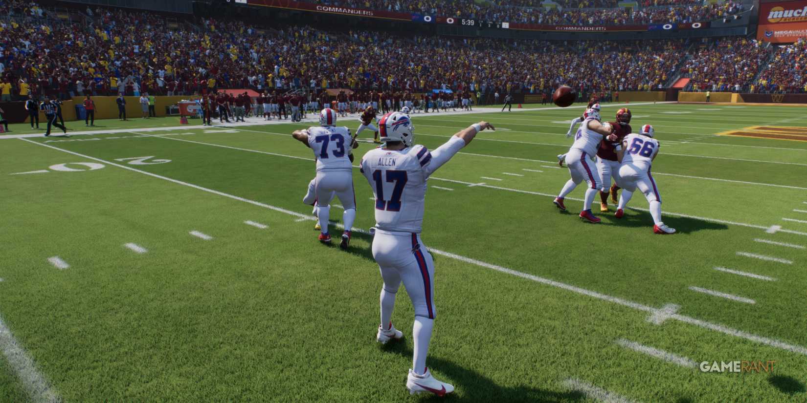 Bills QB Allen preparing to launch a deep pass against Washington's defense in Madden NFL 25