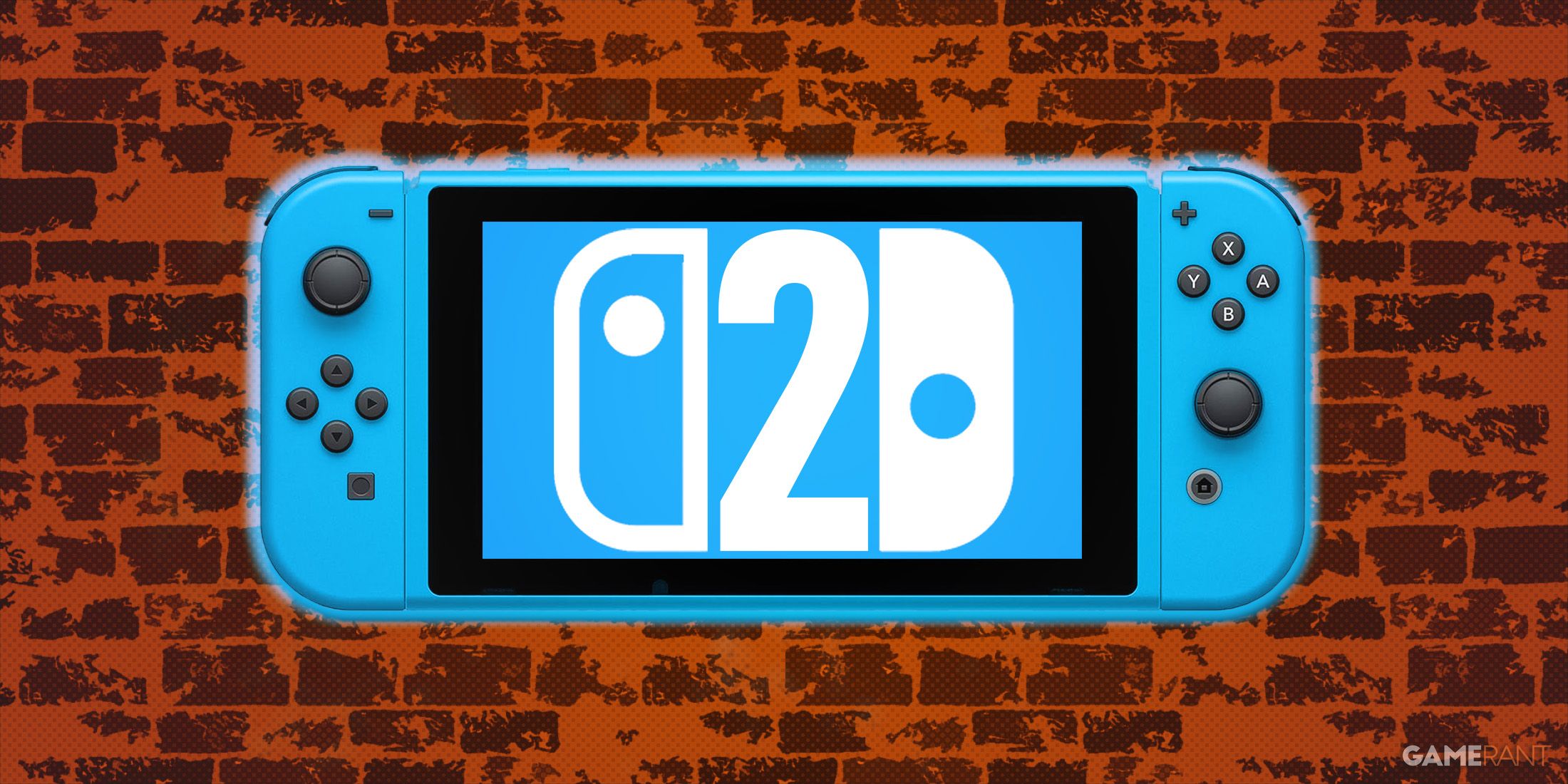 Blue Nintendo Switch 2 mockup on orange dot halftone brick wall stylized 2x1 composite