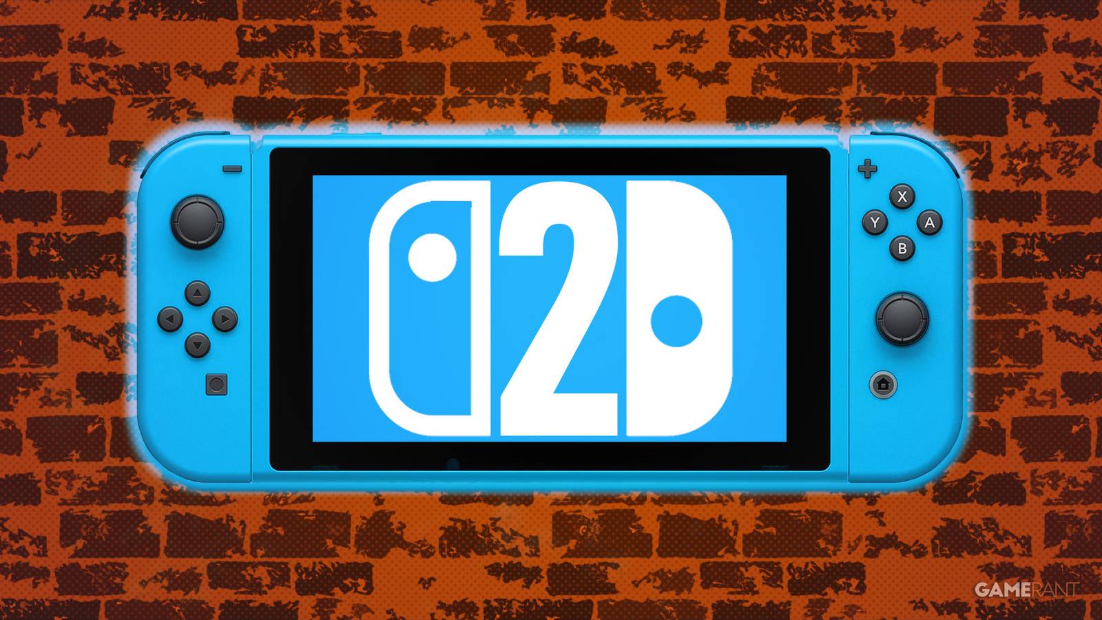 Blue Nintendo Switch 2 mockup on orange dot halftone brick wall stylized 2x1 composite
