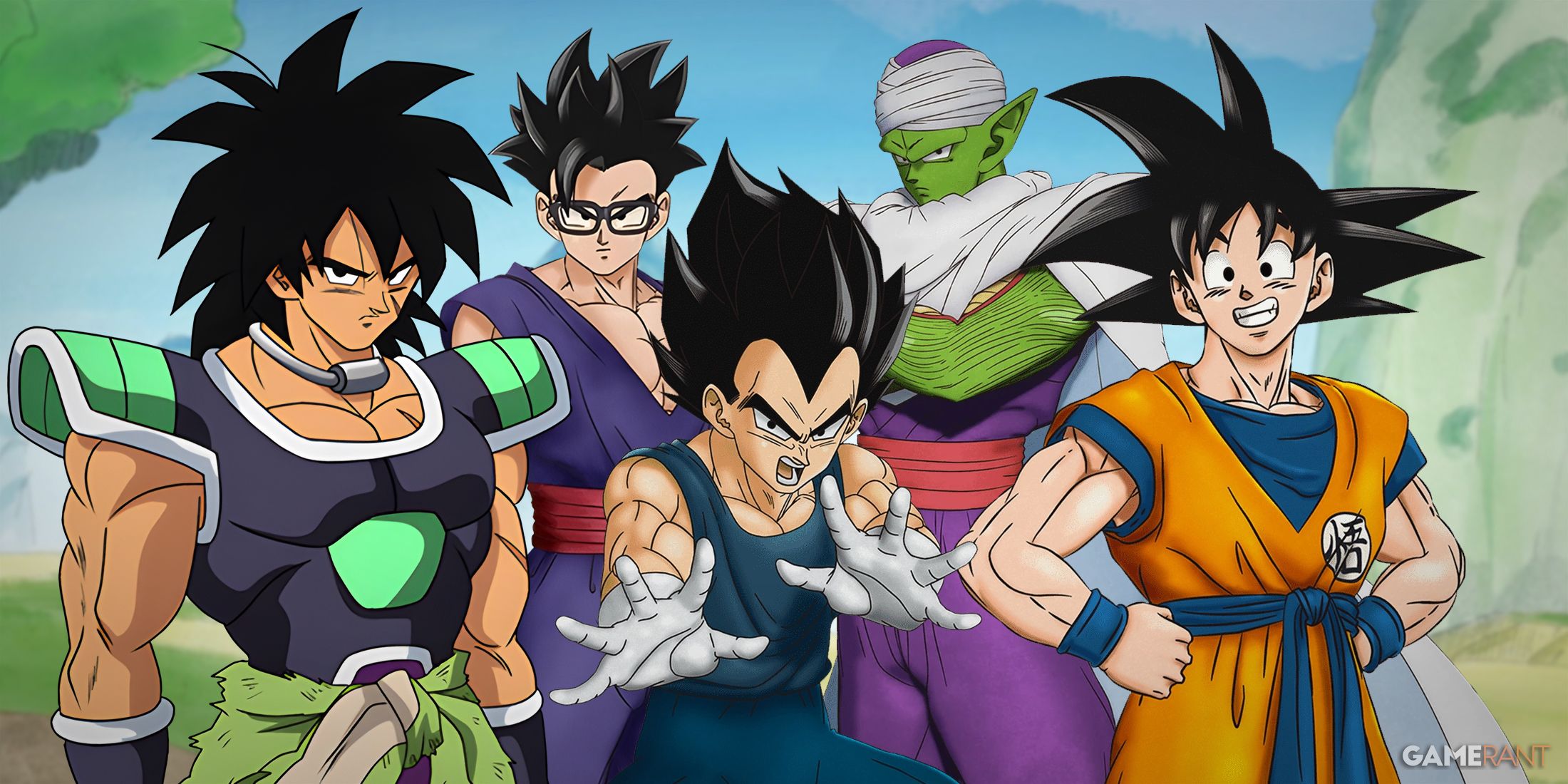 Broly, Gohan, Vegeta, Piccolo, and Goku from Dragon Ball