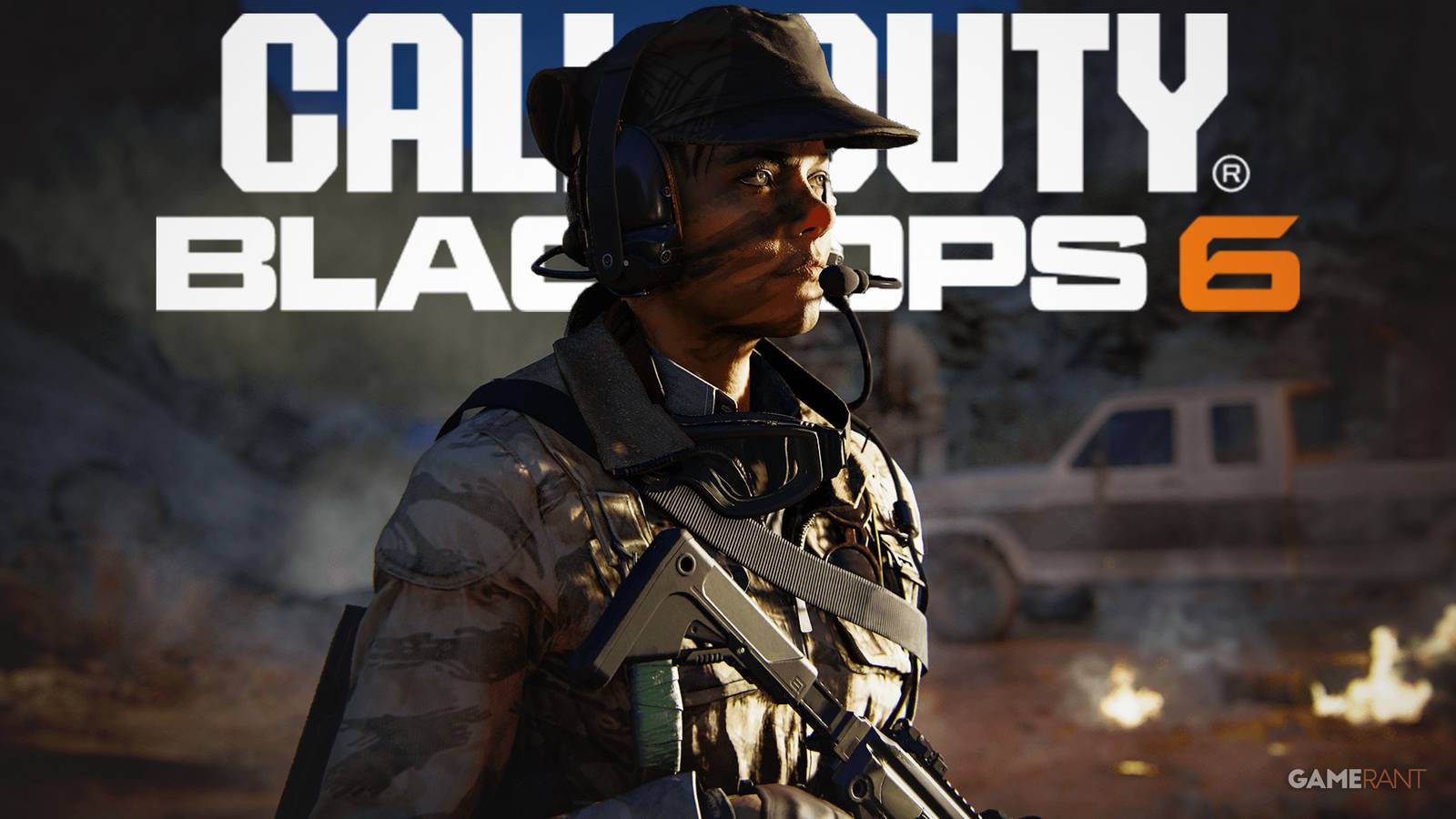 Call of Duty Black Ops 6 campaign park promo screenshot with large game logo in background