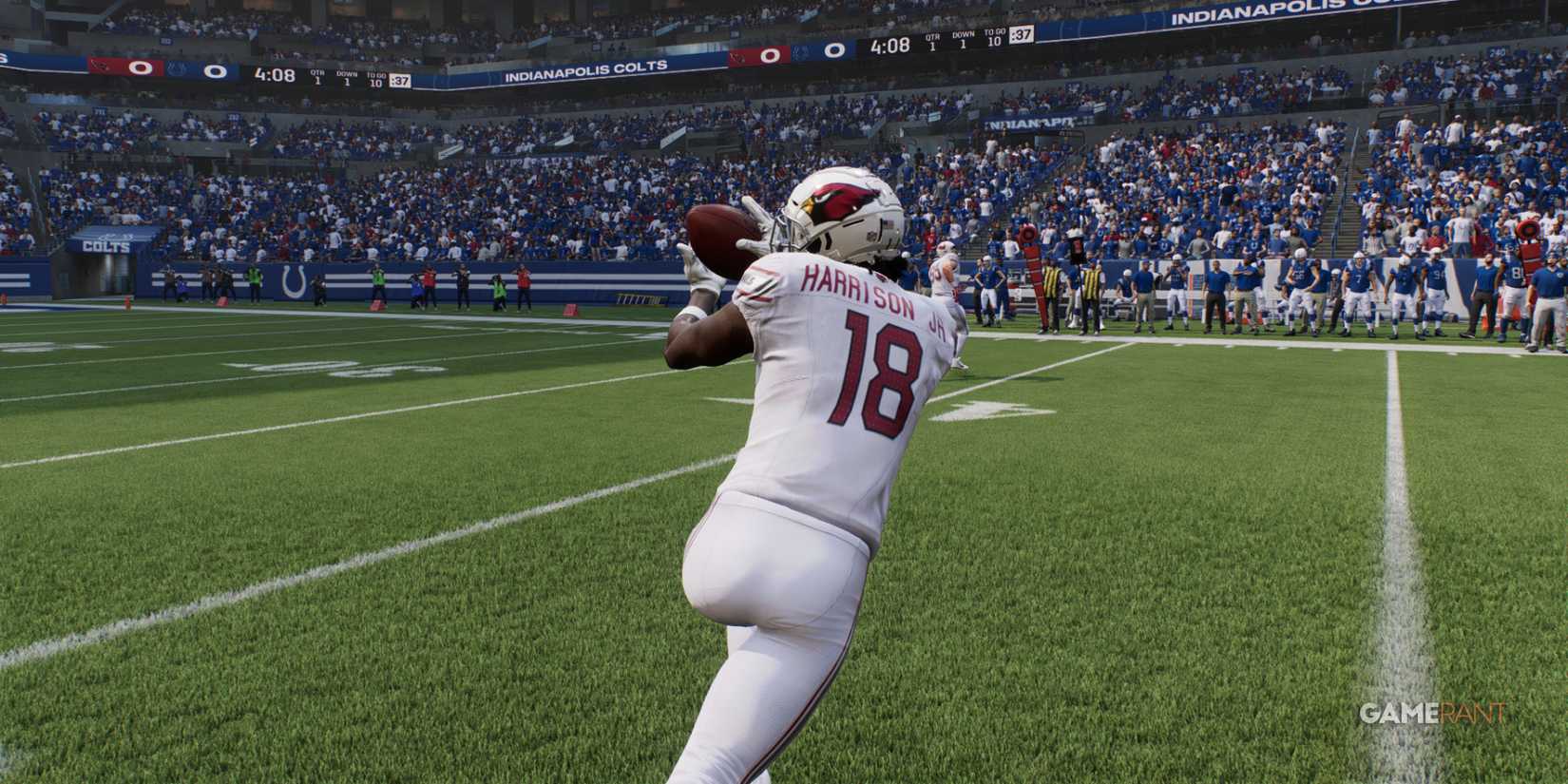 Cardinals WR Harrison Jr. making a spectacular catch against the Colts defense in Madden NFL 25