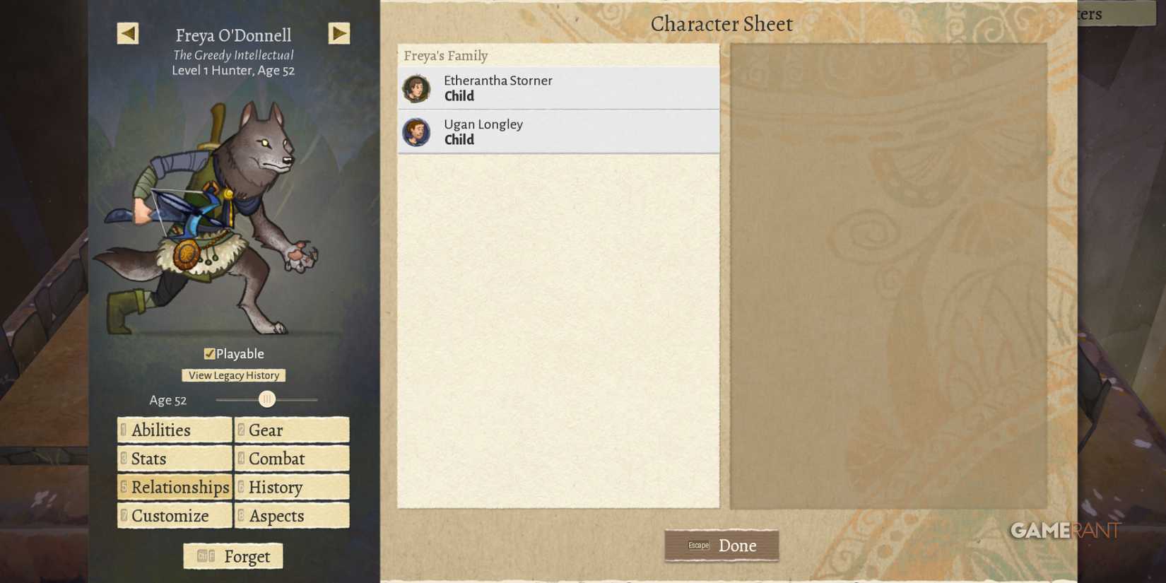 Character sheet showing a wolf-like hunter named Freya O'Donnell with family members in Wildermyth