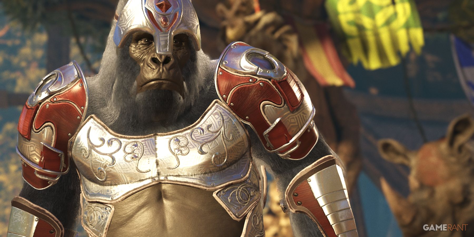 Close-up of Gorilla Grodd in red and silver armor from Injustice 2