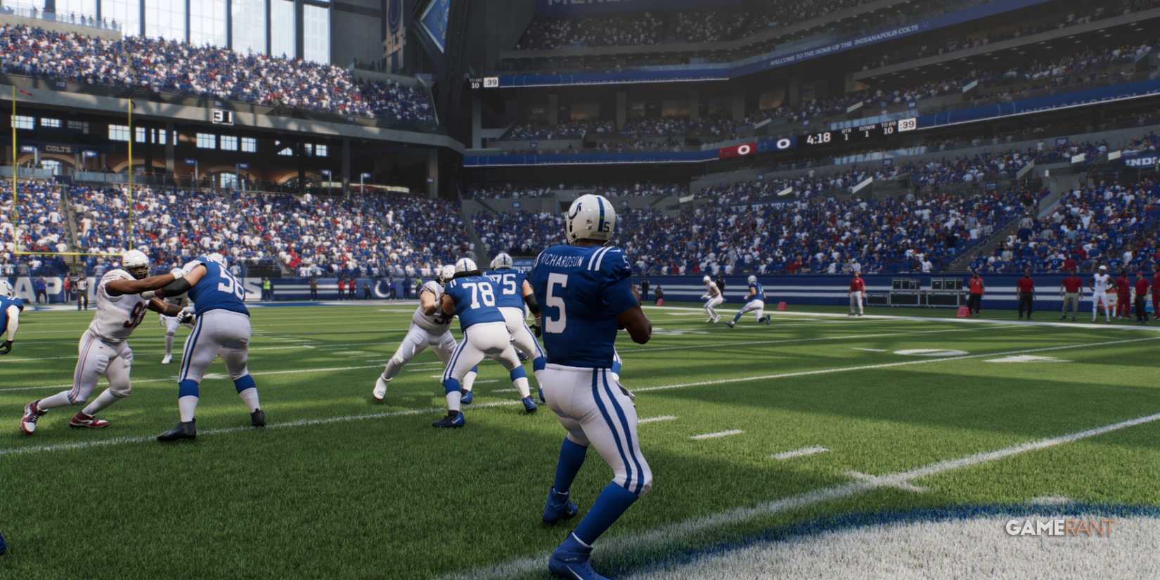 Colts QB Richardson scanning the field for a pass while under pressure in Madden NFL 25