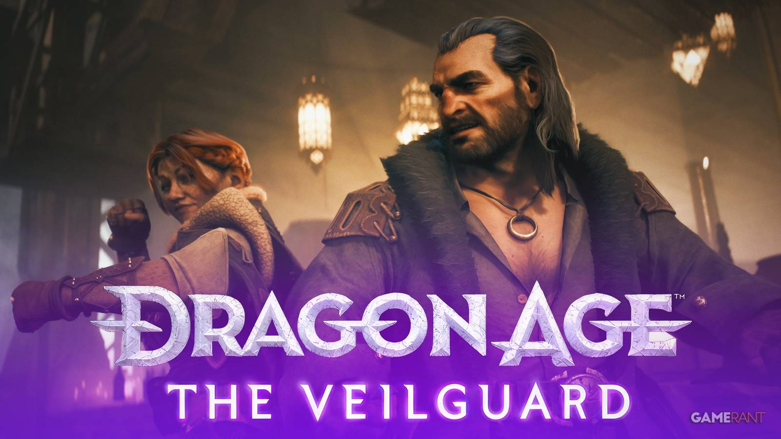 Dragon Age The Veilguard Varric Harding behind game logo on purple gradient