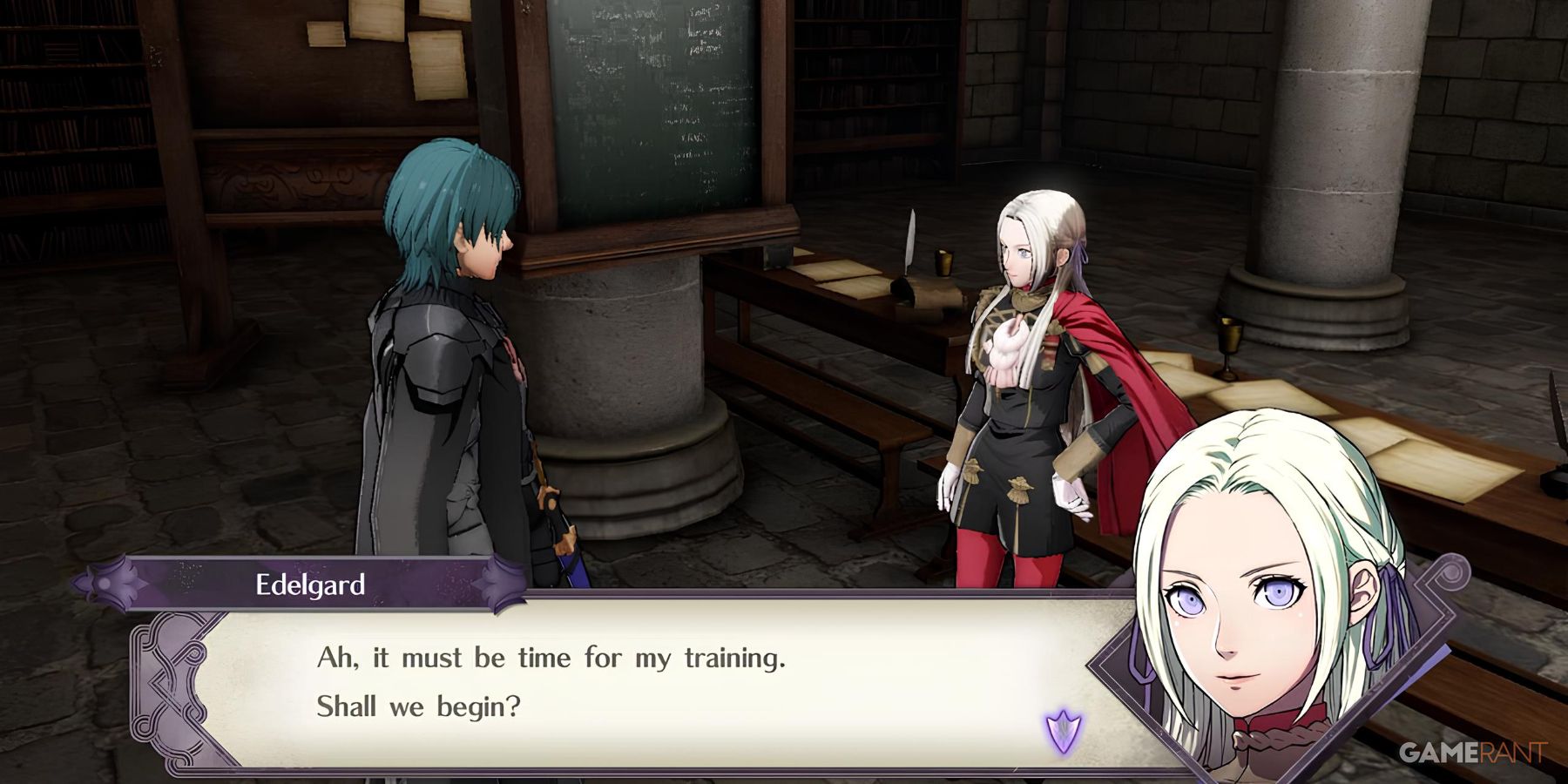 Edelgard talking to Byleth inside a dimly lit library in Fire Emblem Three Houses