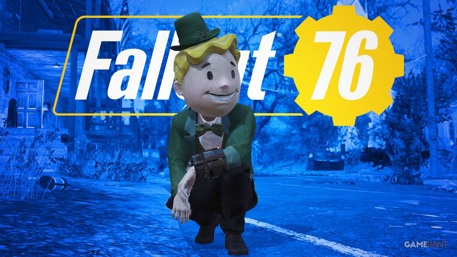 Fallout 76 Fasnacht Vault Boy costume game logo blue background edit