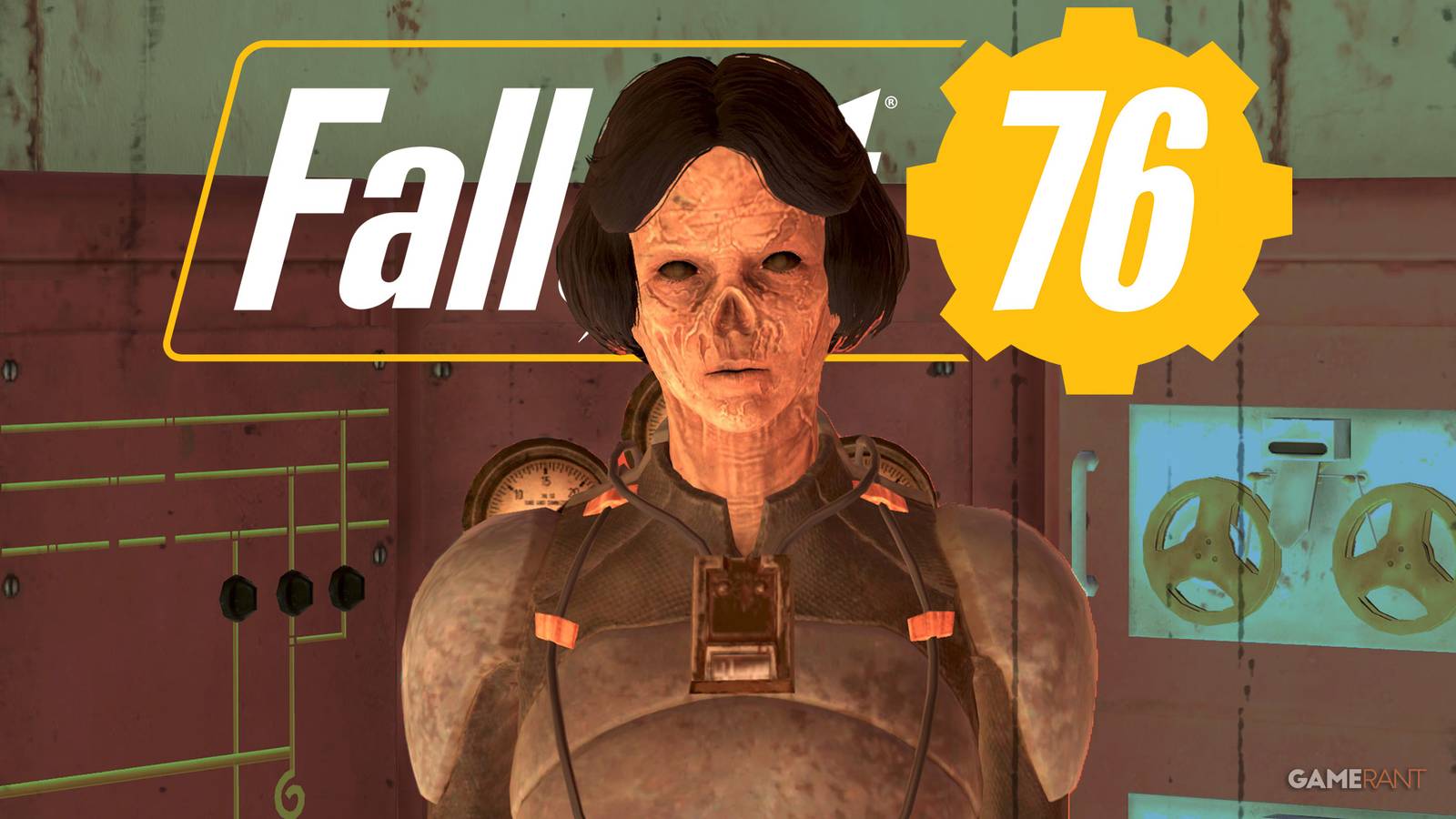 Fallout 76 logo behind ghoul in Chinese Stealth Armor