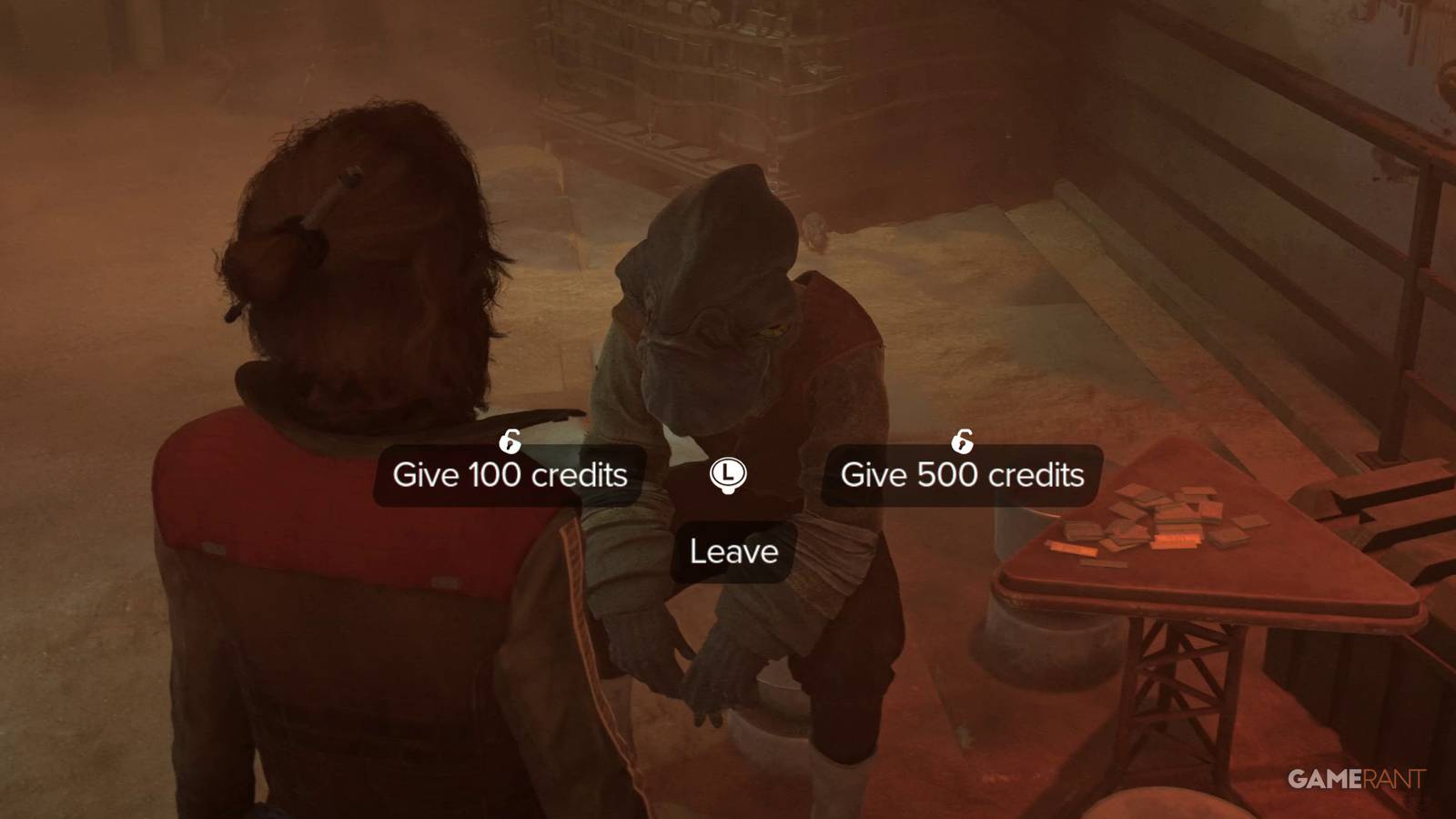 Kay deciding whether to give a gambler money in Star Wars Outlaws