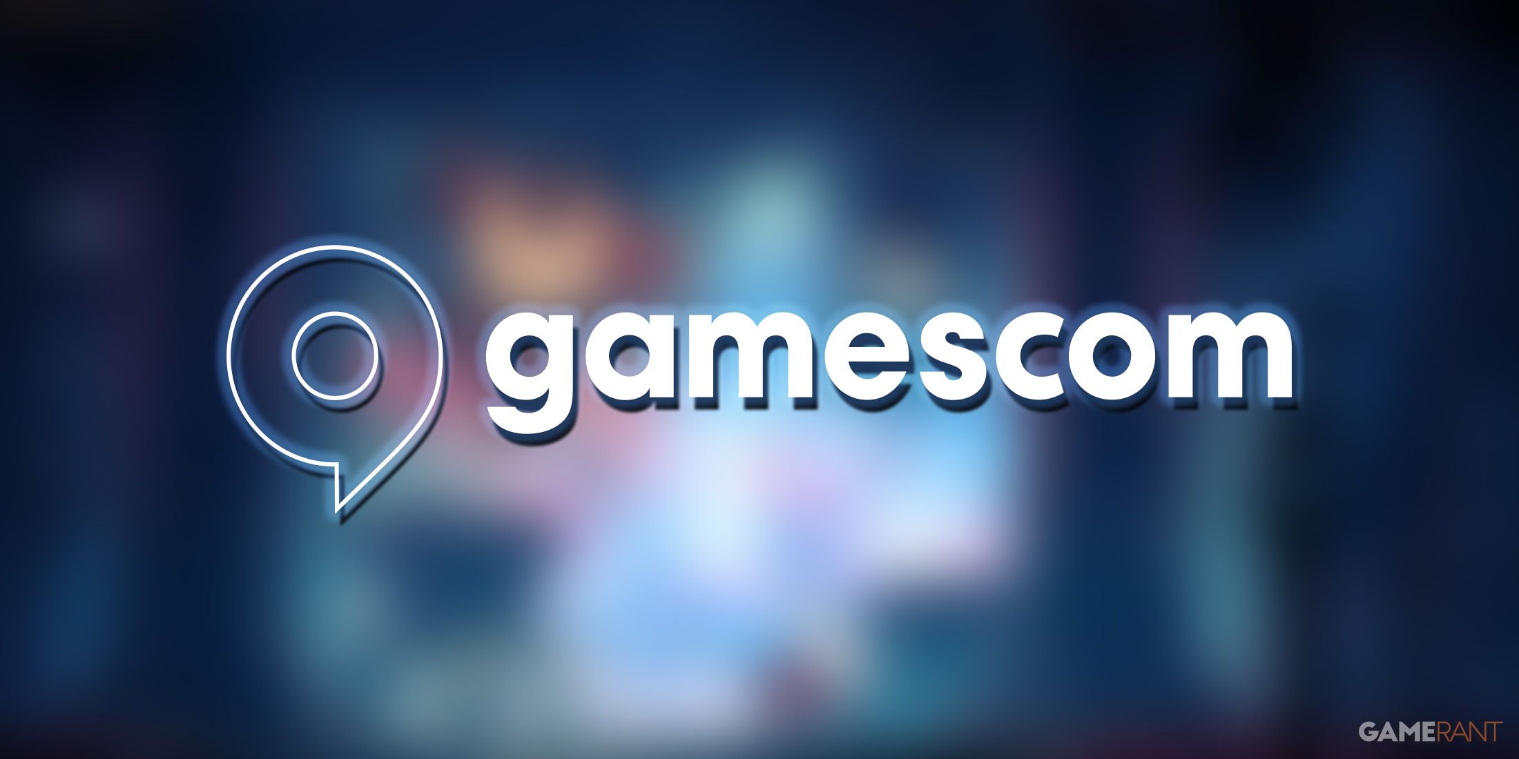 Gamescom logo white glowing over blurred Hollow Knight Silksong screenshot