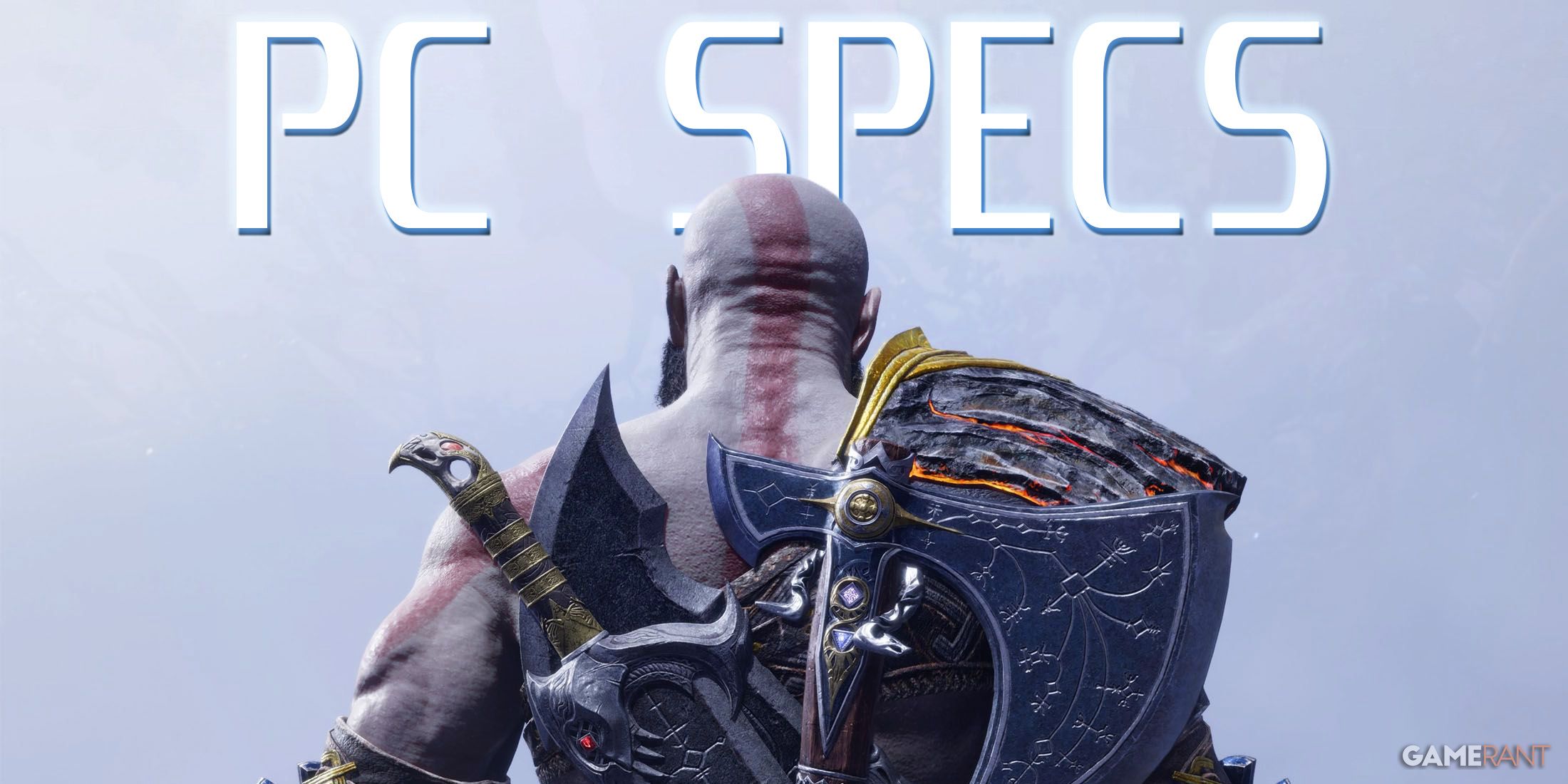 God of War Ragnarok Kratos in front of glowing PC Specs tagline composite