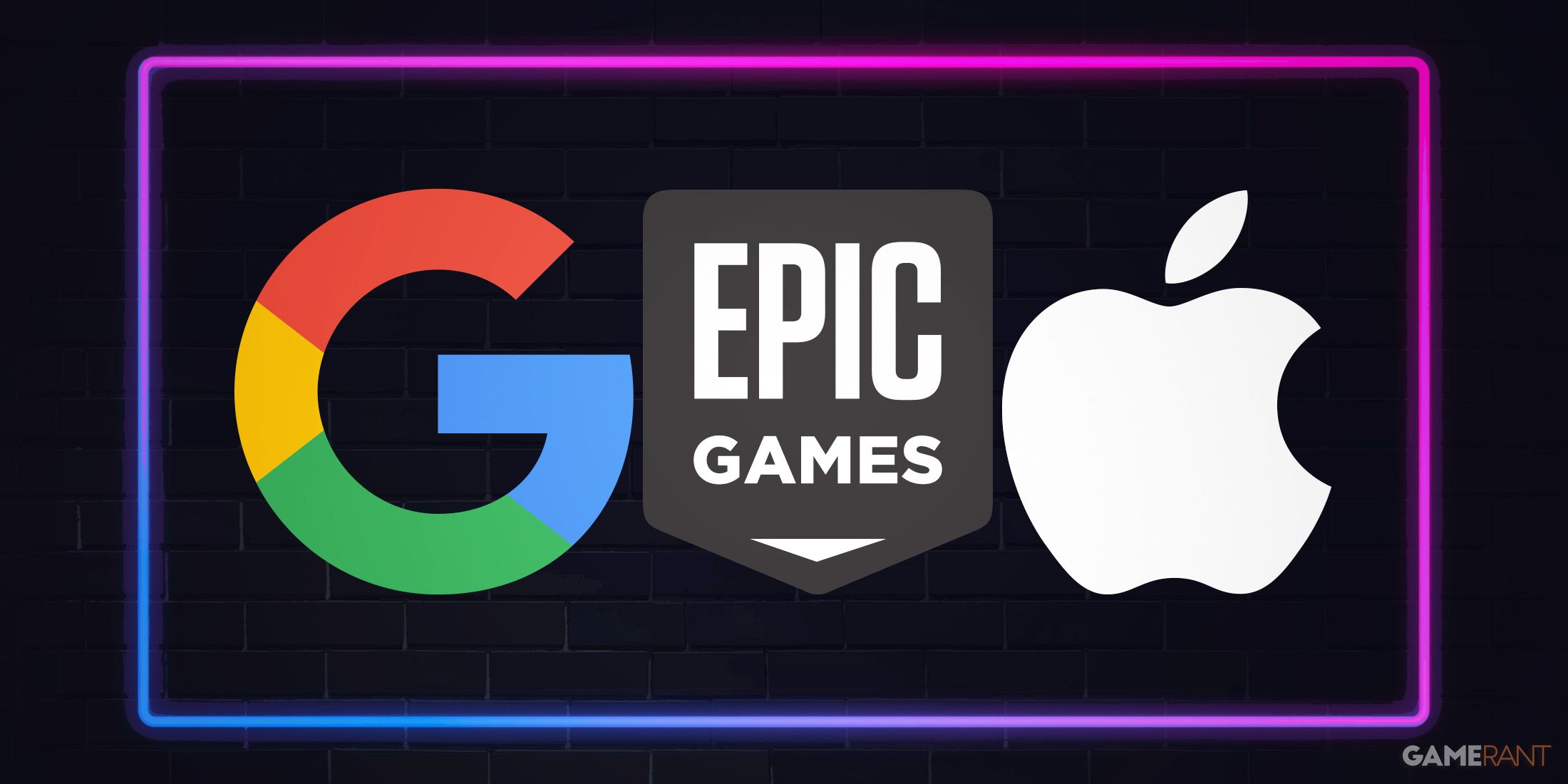 Google Epic Games Apple logos on dark neon lit wall, 2x1 composite