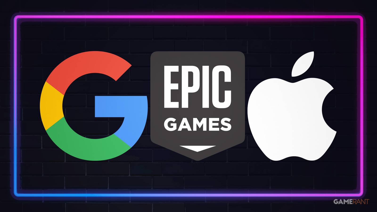 Google Epic Games Apple logos on dark neon-lit wall 2x1 composite
