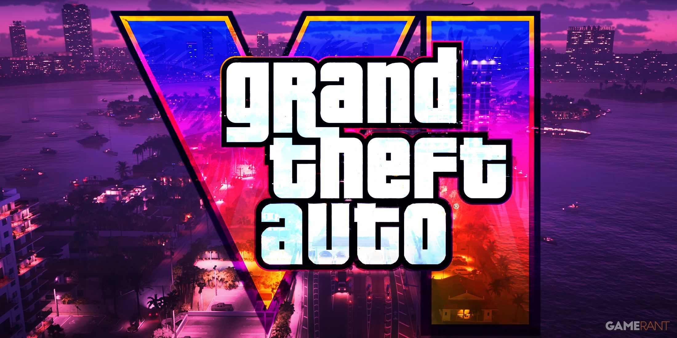 Grand Theft Auto 6 semi-transparent logo over trailer 1 island at night screenshot