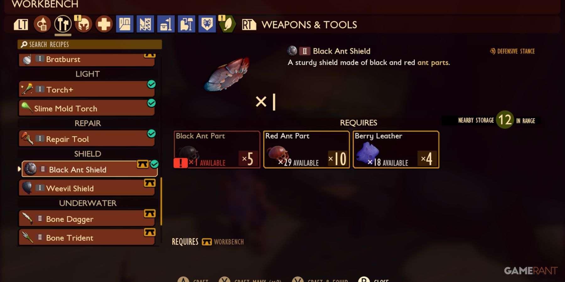 grounded black ant shield in crafting menu