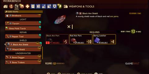 grounded black ant shield in crafting menu