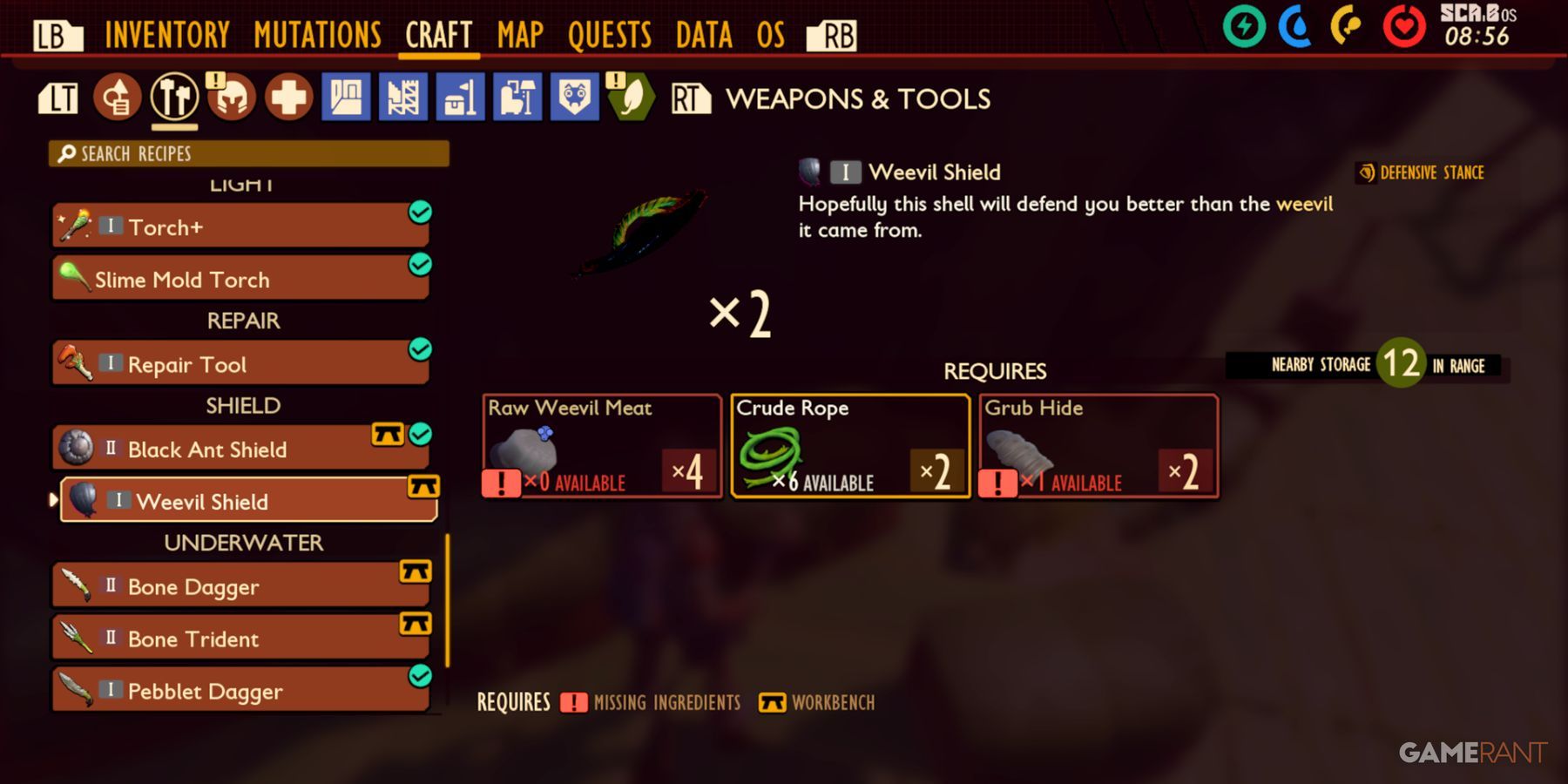 grounded weevil shield crafting menu