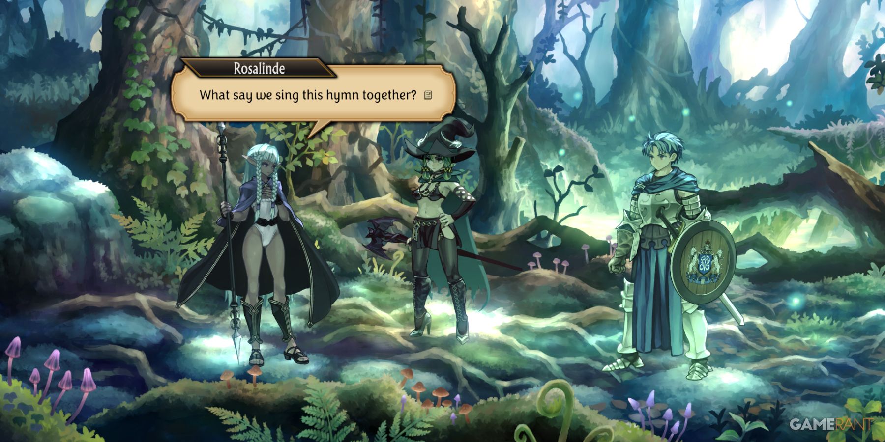 Group of characters standing in a mystical forest having a conversation in Unicorn Overlord