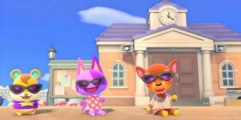 Hamlet, Bob, and Fauna sitting in front of Resident Services with sunglasses