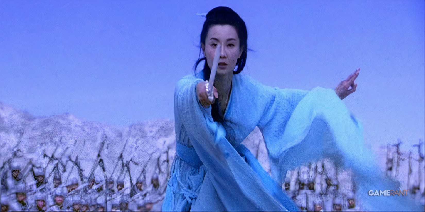 hero blue and white fight scene