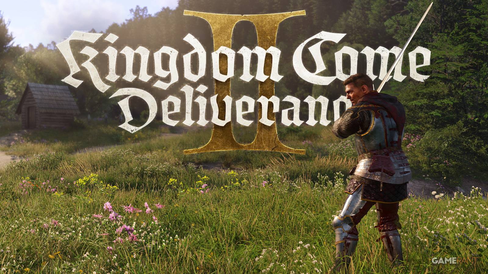 Kingdom Come Deliverance 2 logo behind Henry with sword in field