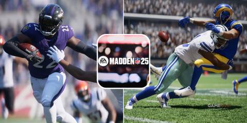 A split images of the Madden NFL 25 logo and two matches