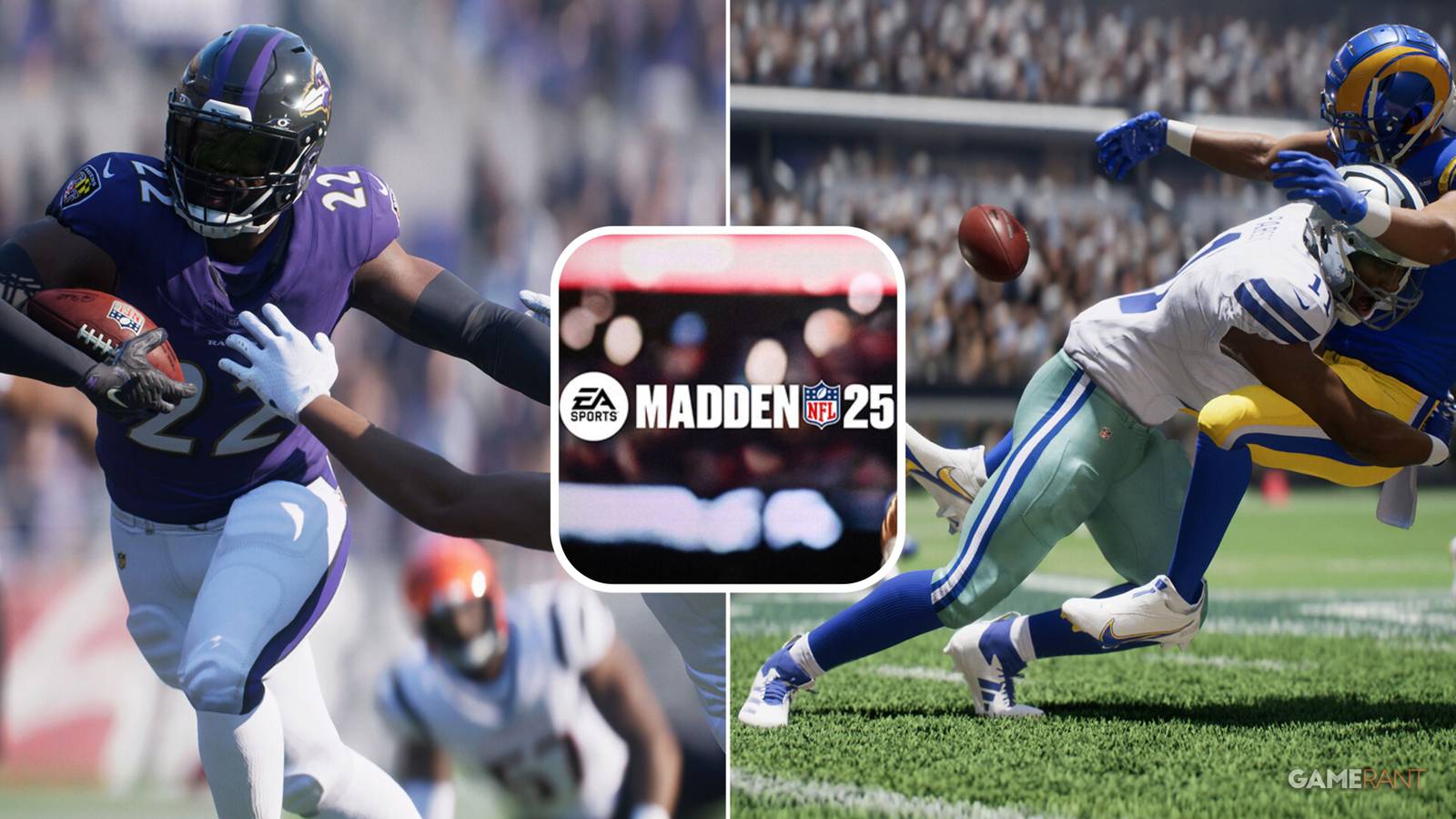 A split images of the Madden NFL 25 logo and two matches