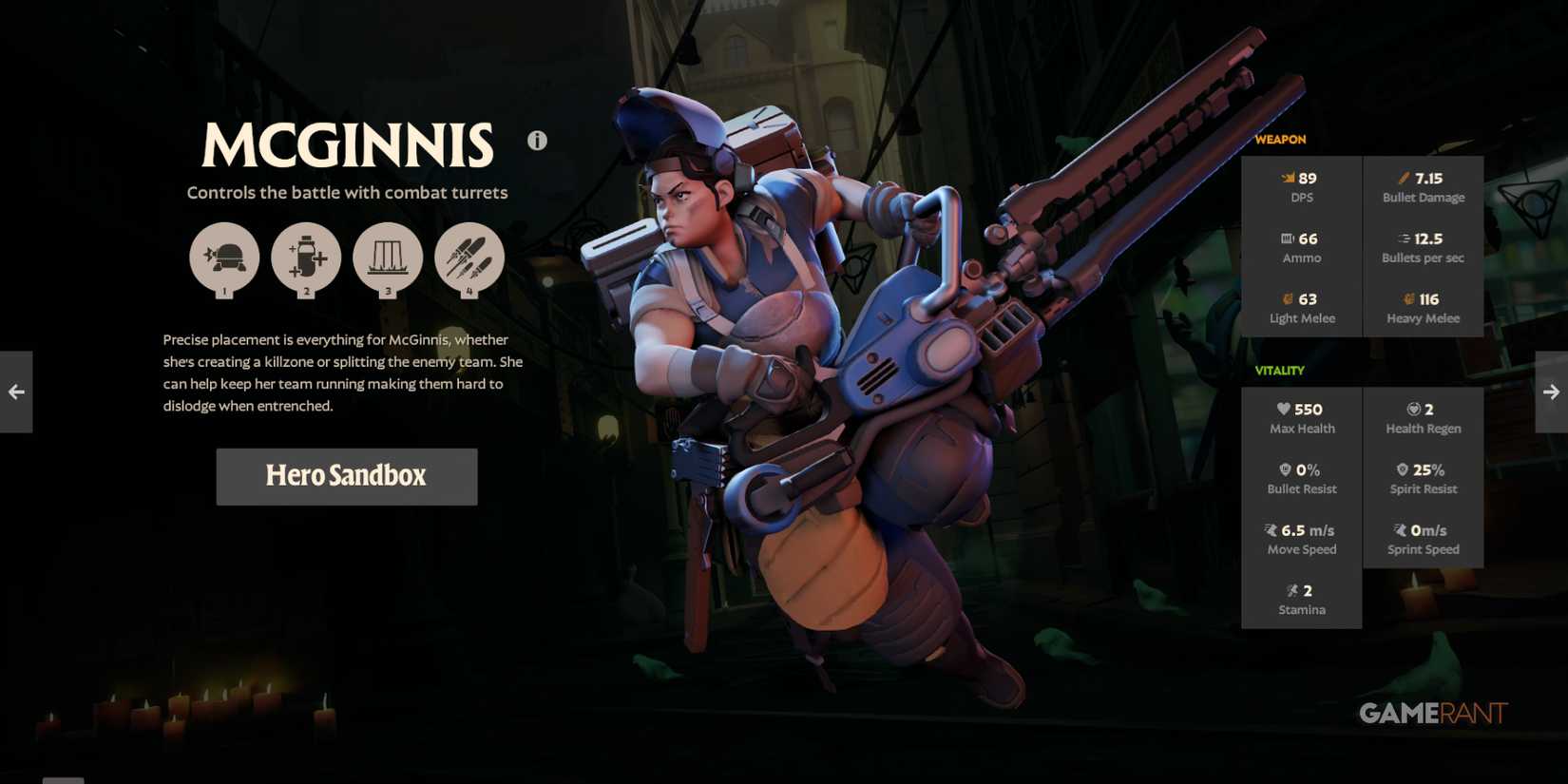 McGinnis, one of Deadlock's best heroes, dominates the battlefield with combat turrets